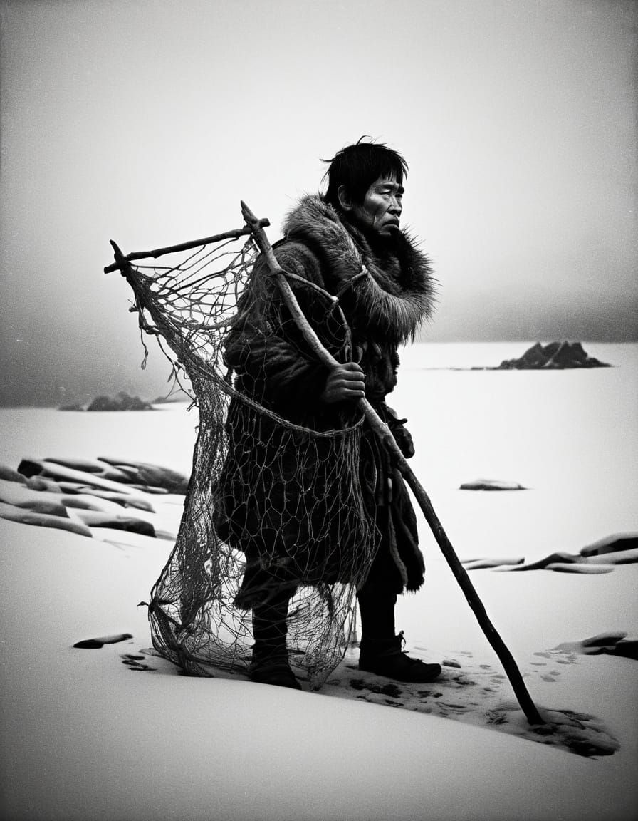 Ethereal Inuit Spirit in a Haunting Black and White Landscap...