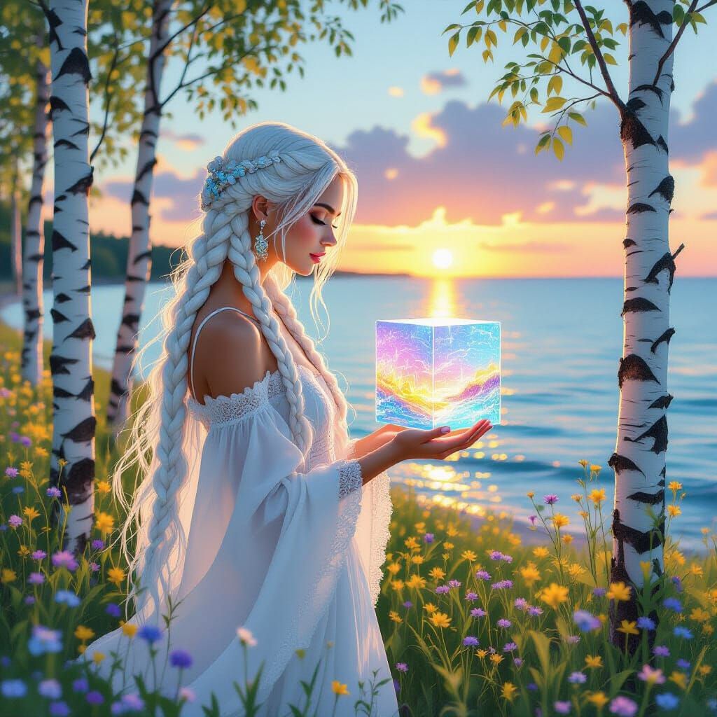 Woman with Holographic Cube Near Azure Coast