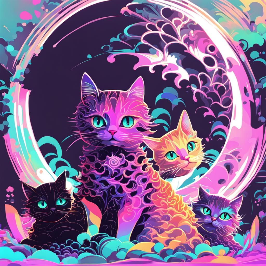 Synthwave Chibi with Cats and Kittens in 3D