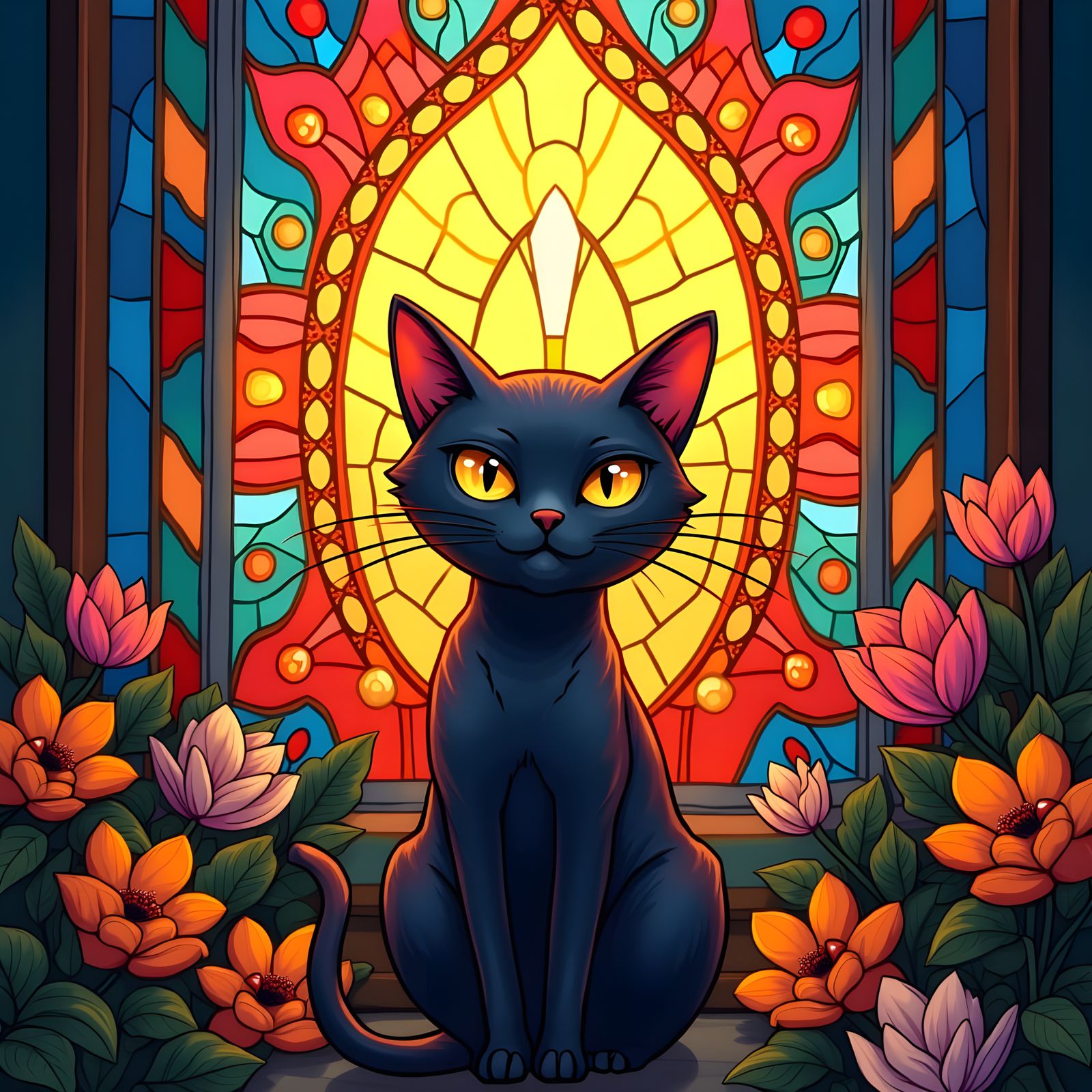 Colorful Cat in Stained Glass Garden