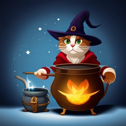 Cartoon Wizard Cat Brewing Magic Potion