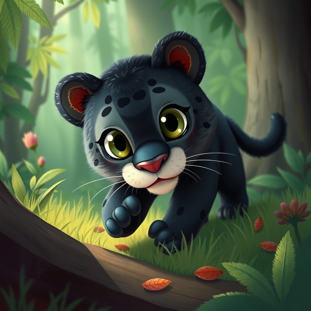 Playful Panther Cub in Whimsical Forest Art