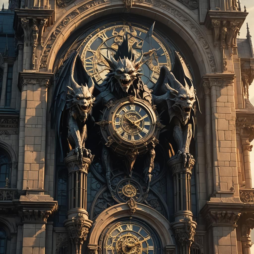 Gargoyles Perched Atop Gothic Clock Tower