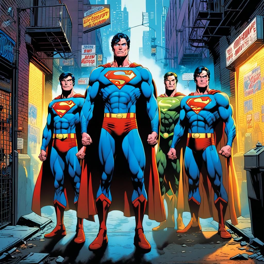 Superman and Friends in Neon-Lit City Alleyway