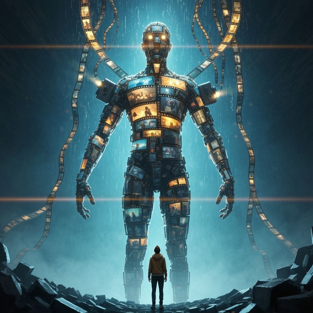 Giant Film Strip Humanoid Overwhelmed by Cinematic Wonder