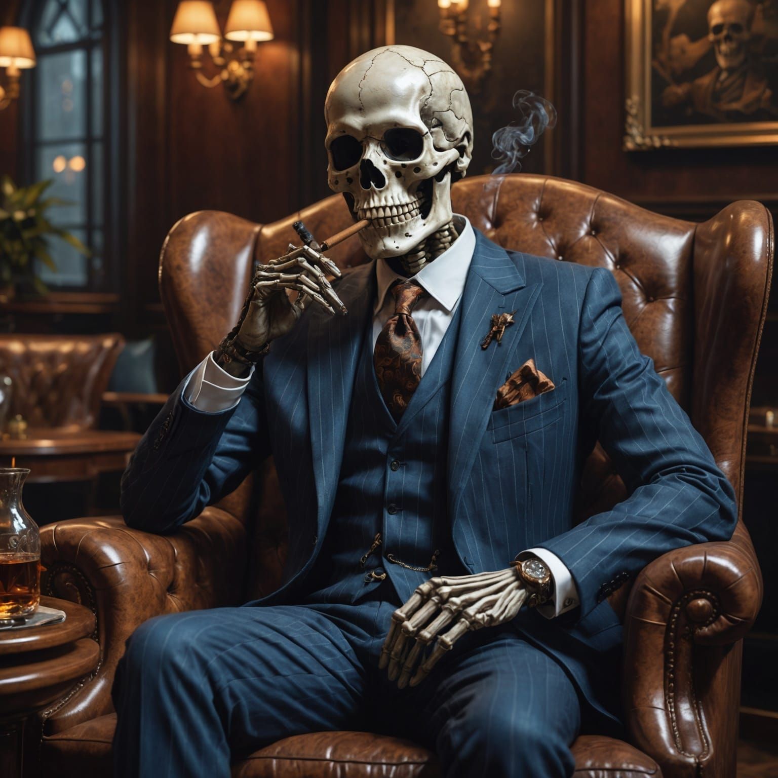 Skeleton in Pinstripe Suit on Leather Lounge