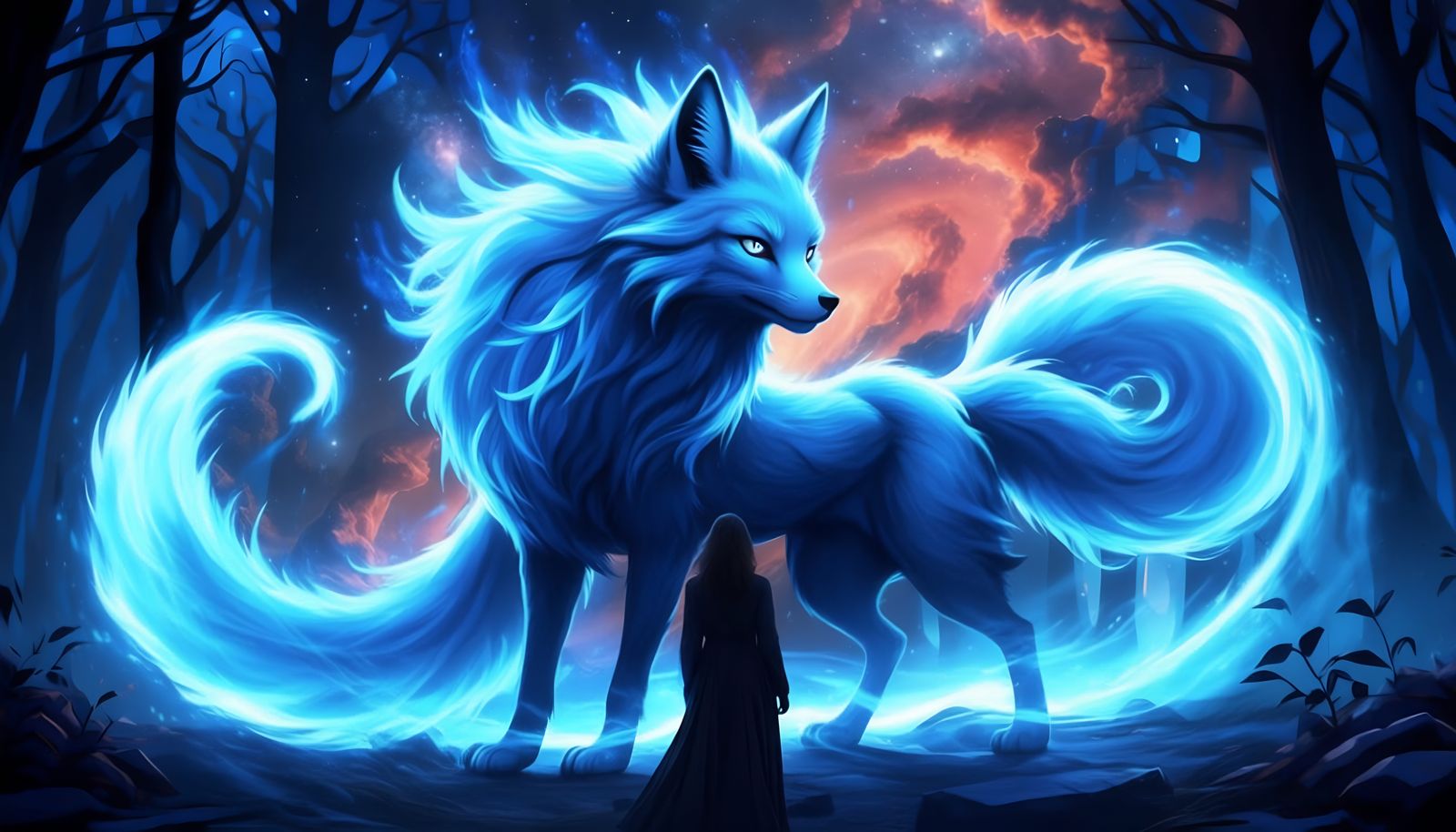 Ethereal Kitsune with Blazing Blue Fur in Twilight