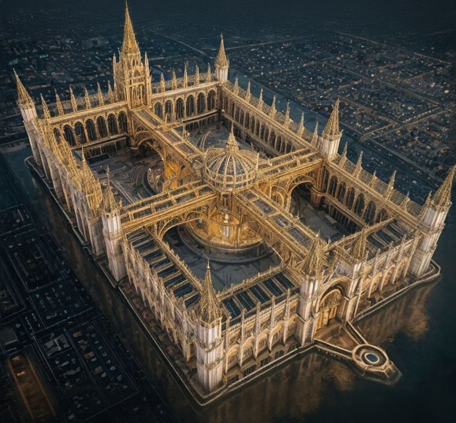 Diamond and Gold Cathedral: Aerial View in 3D