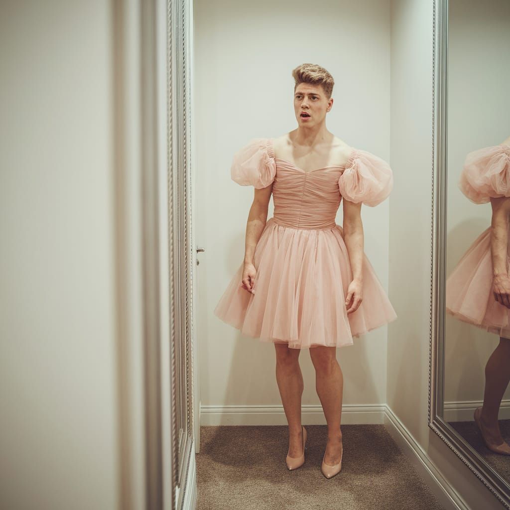 Worried Muscular Man in Tulle Prom Dress in Fitting Room