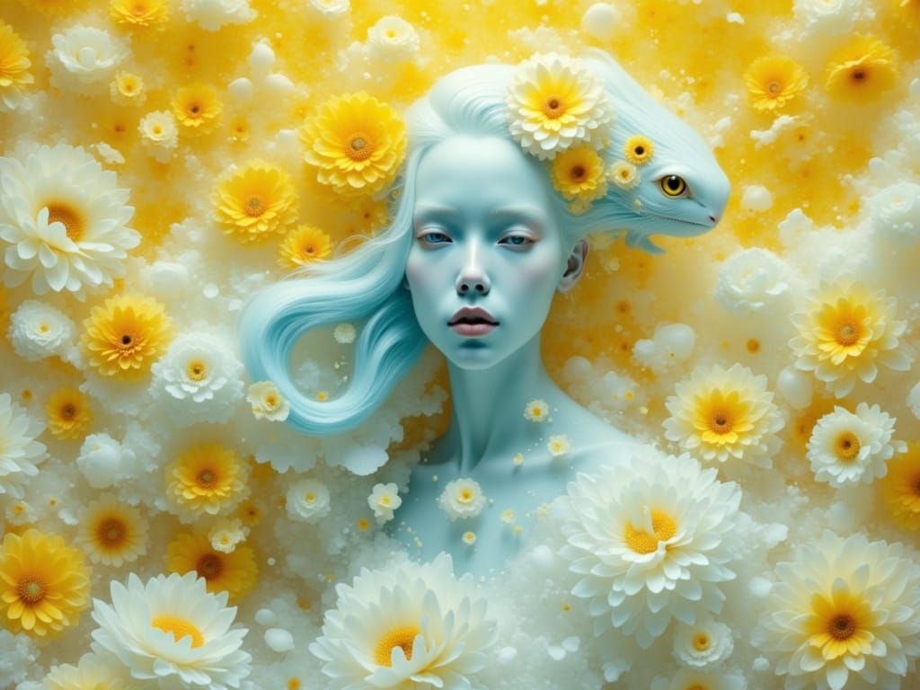 Surreal Dreamscape with Blue Animal in Art Nouveau