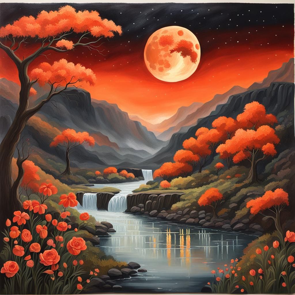 Blood Moon Over Lush Valley: Gouache Painting