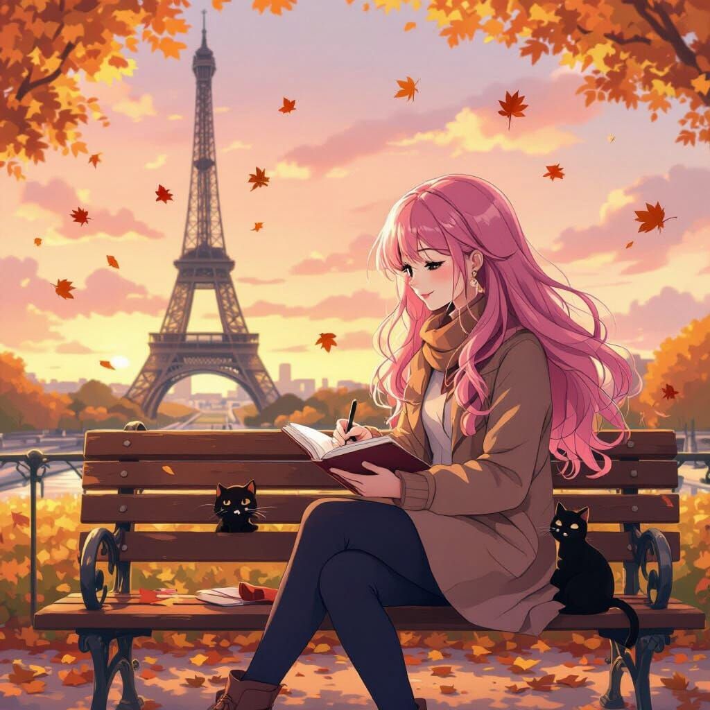 Anime Girl with Cat in Paris Sunset