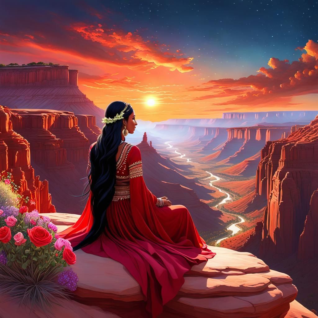 Indian Girl at Sunset in Desert Canyon Digital Art