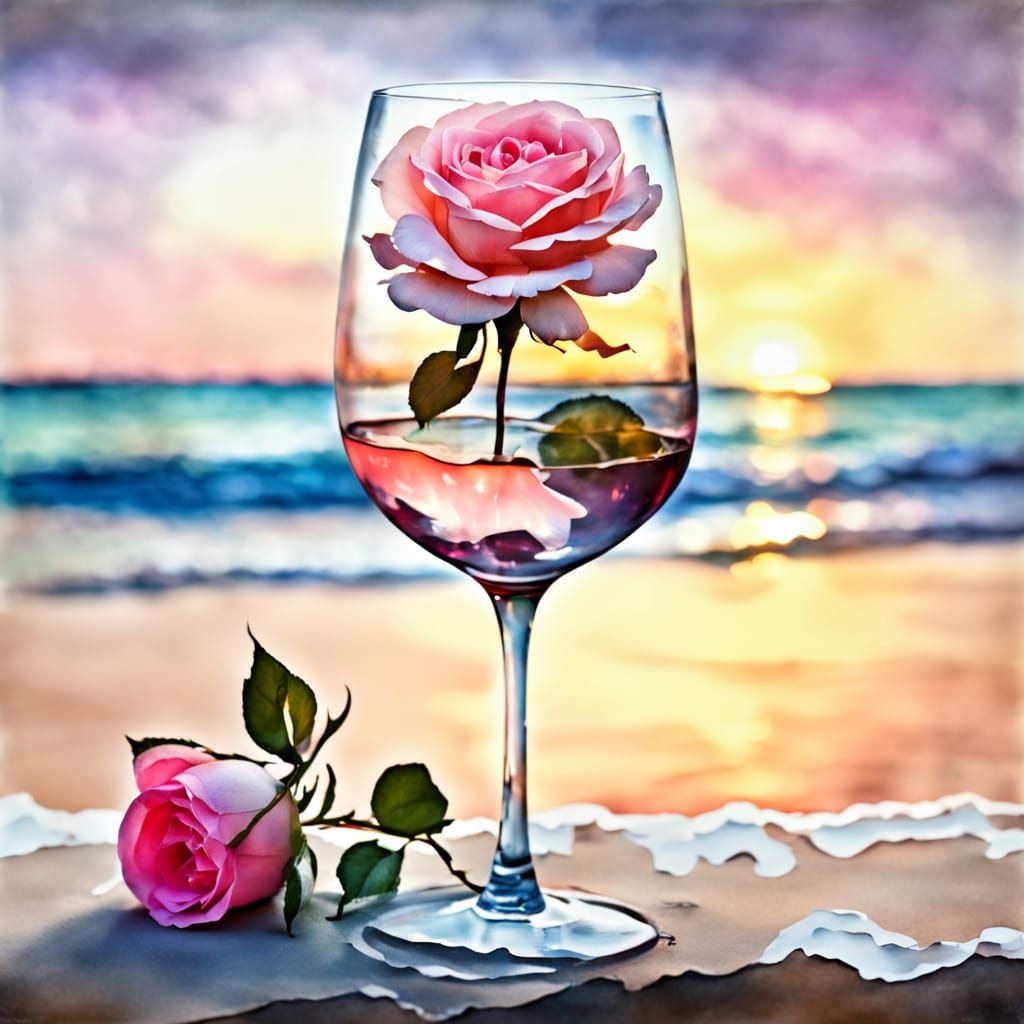 Romantic Sunset Beach Scene in Watercolor Style