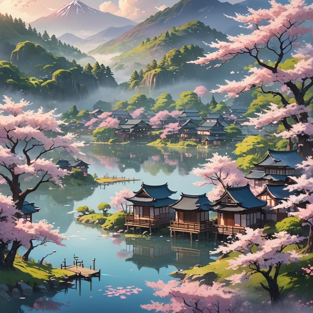 Serene Anime Village by Lake with Cherry Blossoms