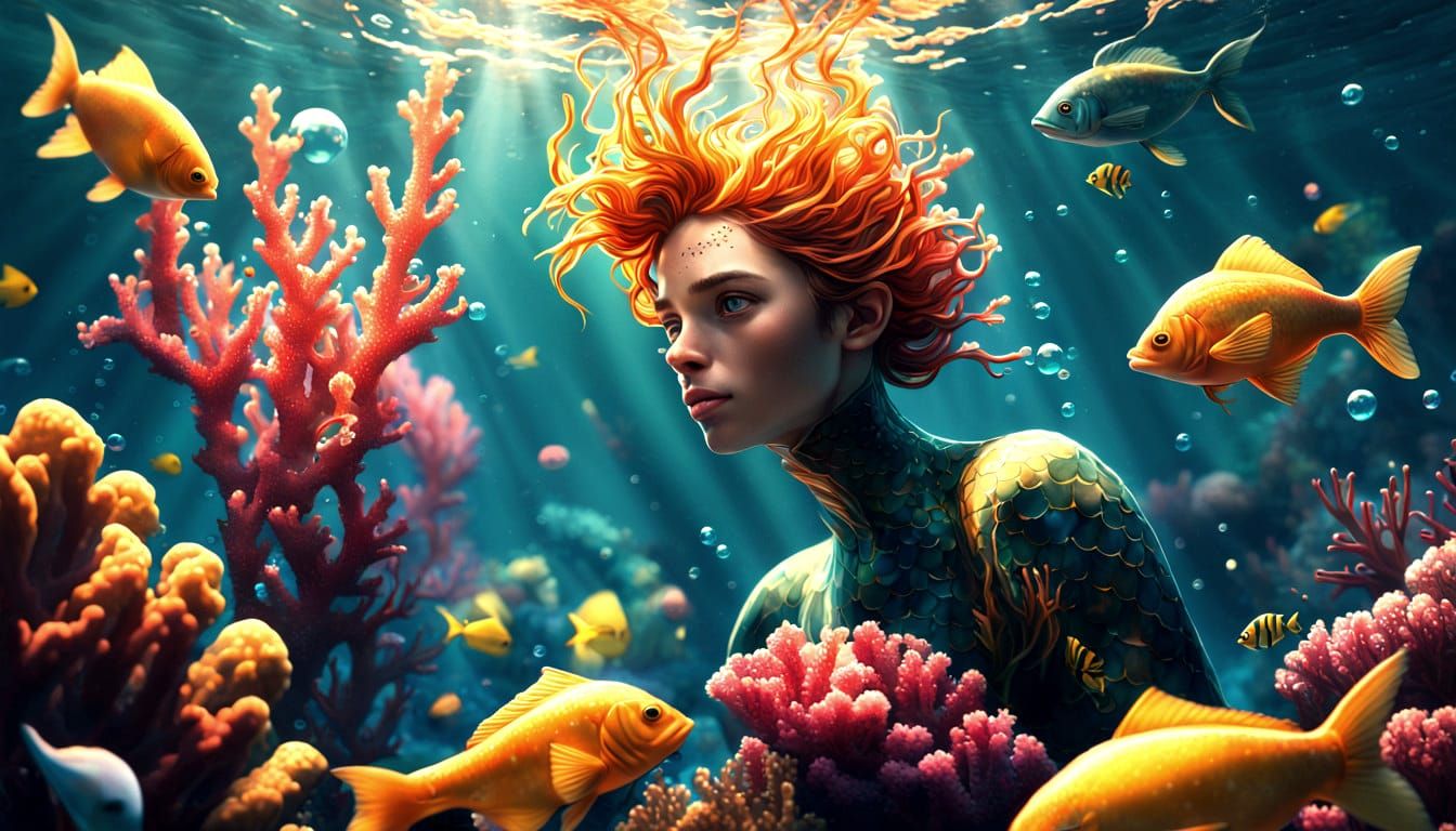Ethereal Mermaid and Merman Duet Amidst Vibrant Coral Reefs