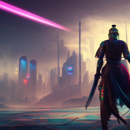 Cyberpunk Swordsman in Detailed Matte Painting