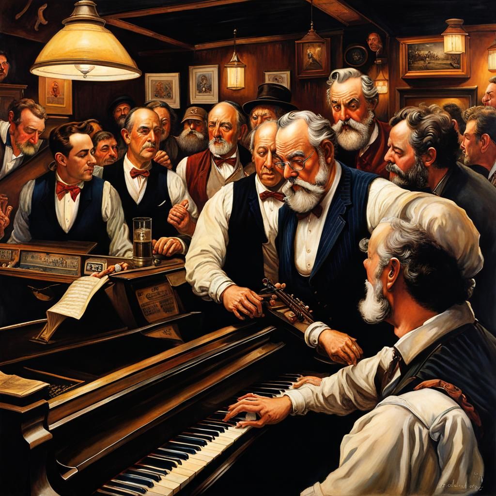 Blue Collar Pianist in 1920s Irish Pub: Nostalgic Painting