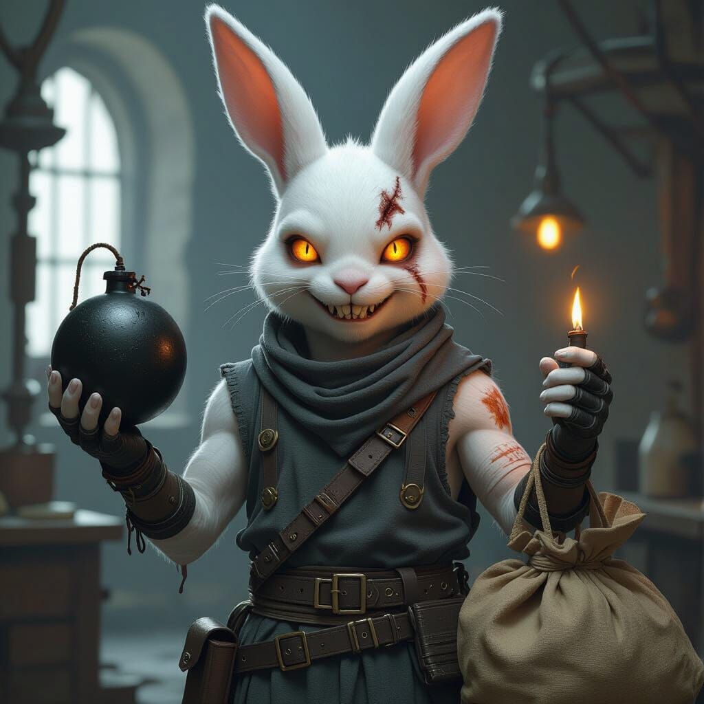 Albino Rabbit-Person Bomb Maker in Dark Fantasy Style