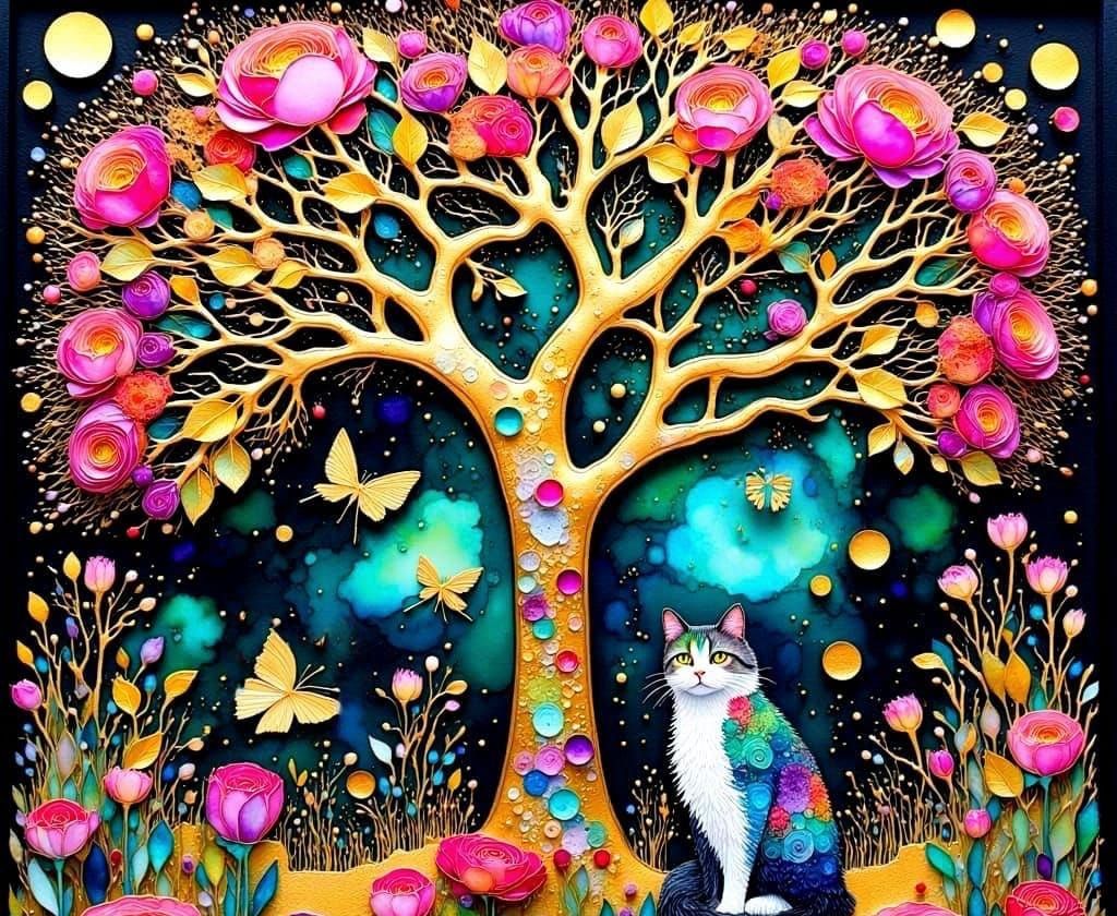 Whimsical Summer Garden Scene in Vibrant Ink Style