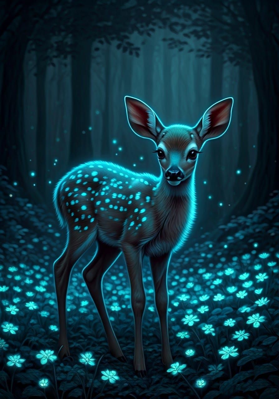 A glowing, ethereal fawn set in an enchanted forest.