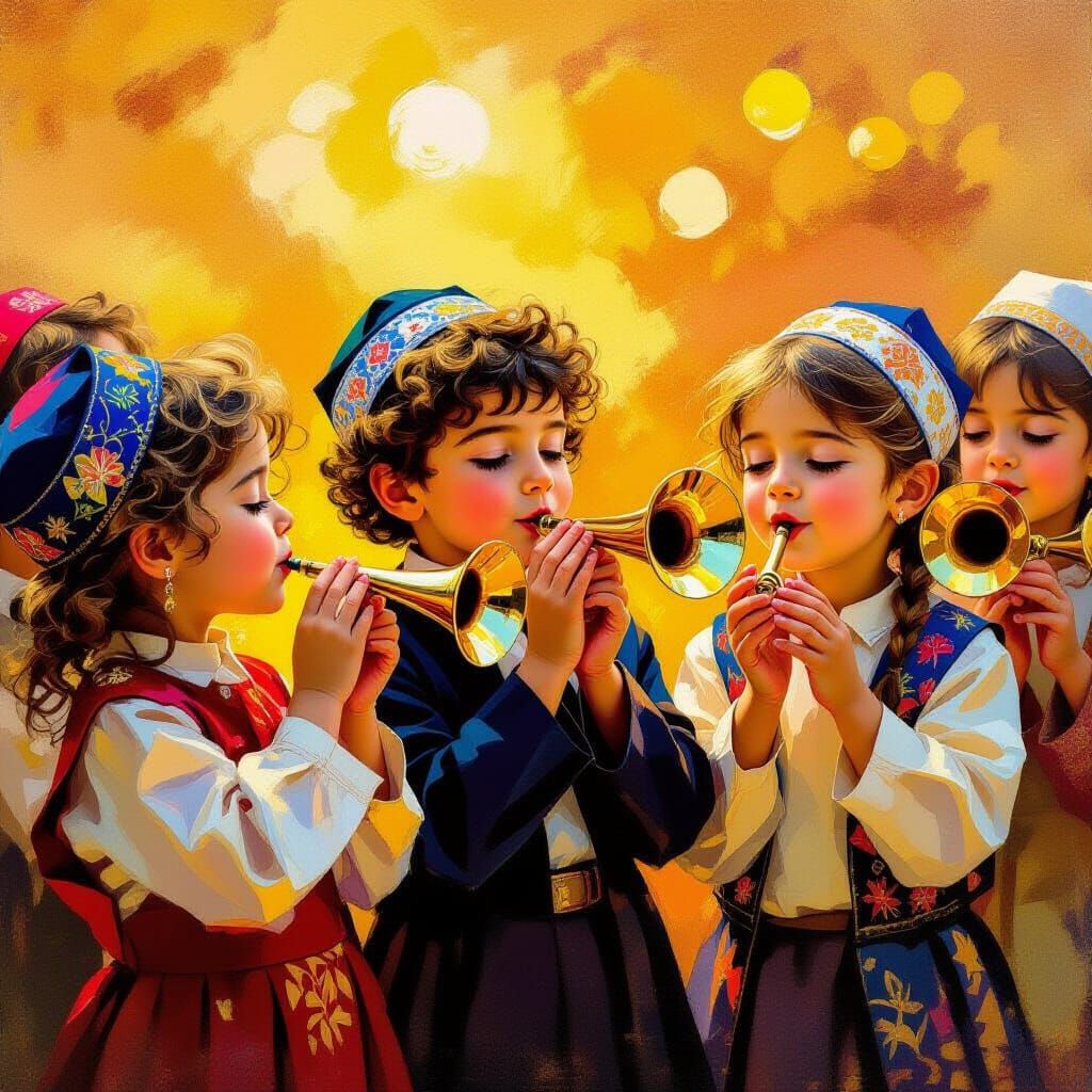 Children Blowing Shofars in Vibrant Art Style