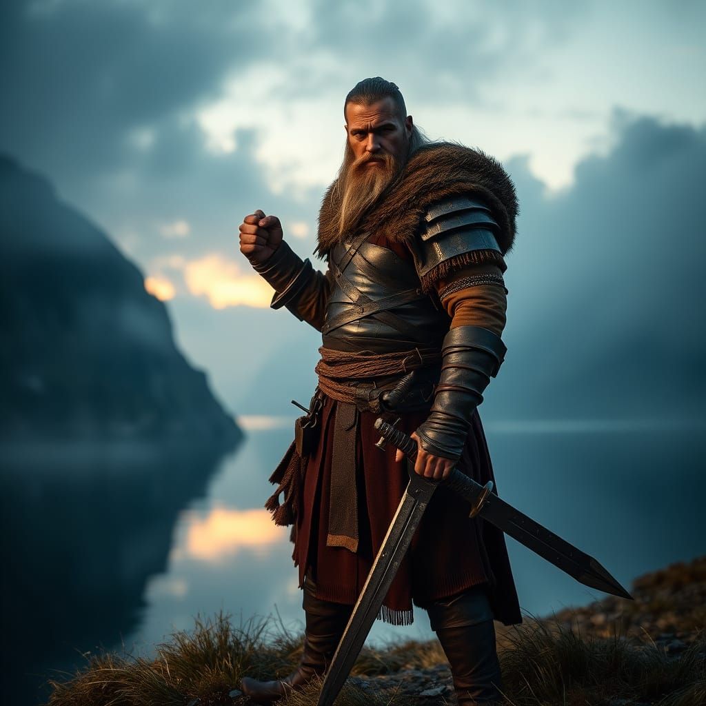 Viking Warrior in Misty Fjord: Cinematic Illustration
