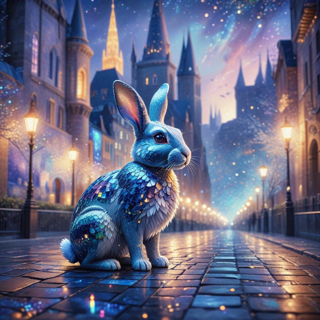 Ethereal City of Light with Sapphire Rabbit Mosaic