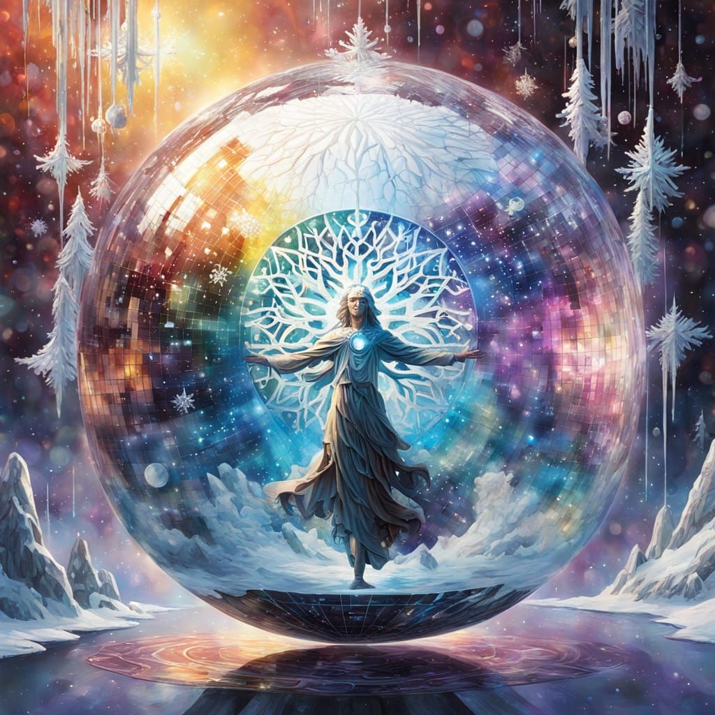 Vibrant Winter Scene Inside a Disco Ball in Cyberpunk Style