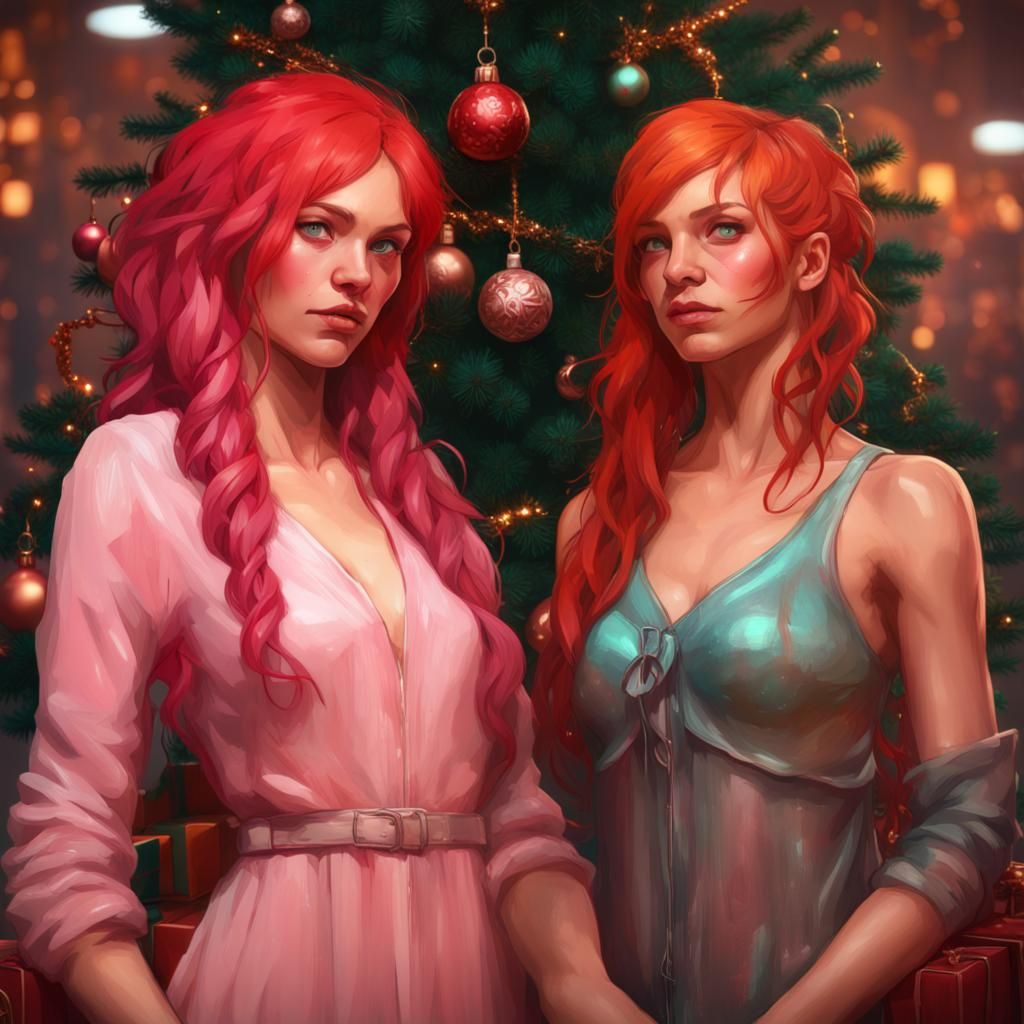 Pink and Red Haired Women by Christmas Tree