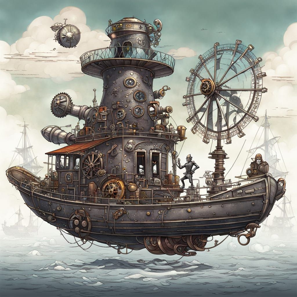 Steampunk Airship Soars Above a Whimsical Windmill