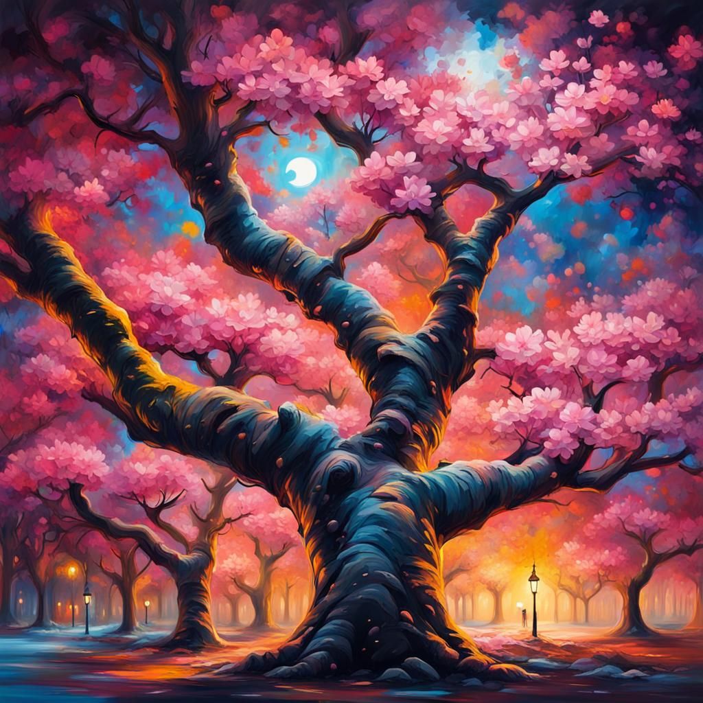Cherry Blossoms at Night: Oil Painting with Graffiti Art