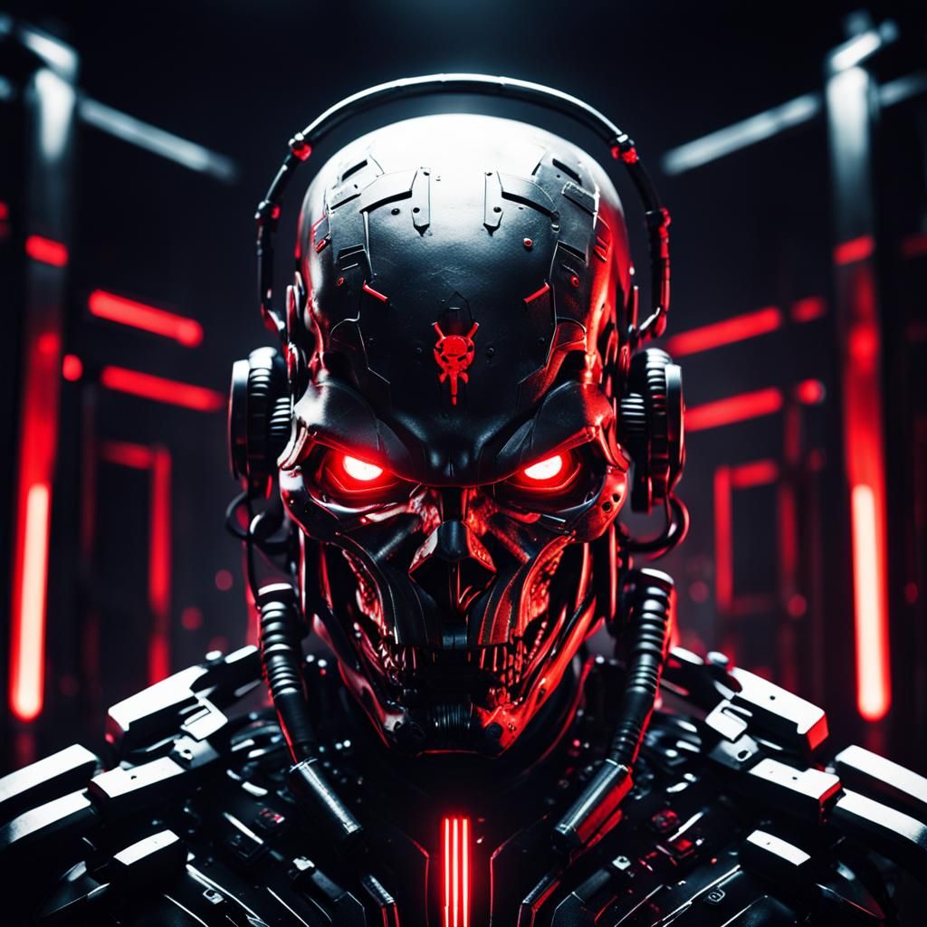 Eerie Cyborg Silhouette with Red Back Glow