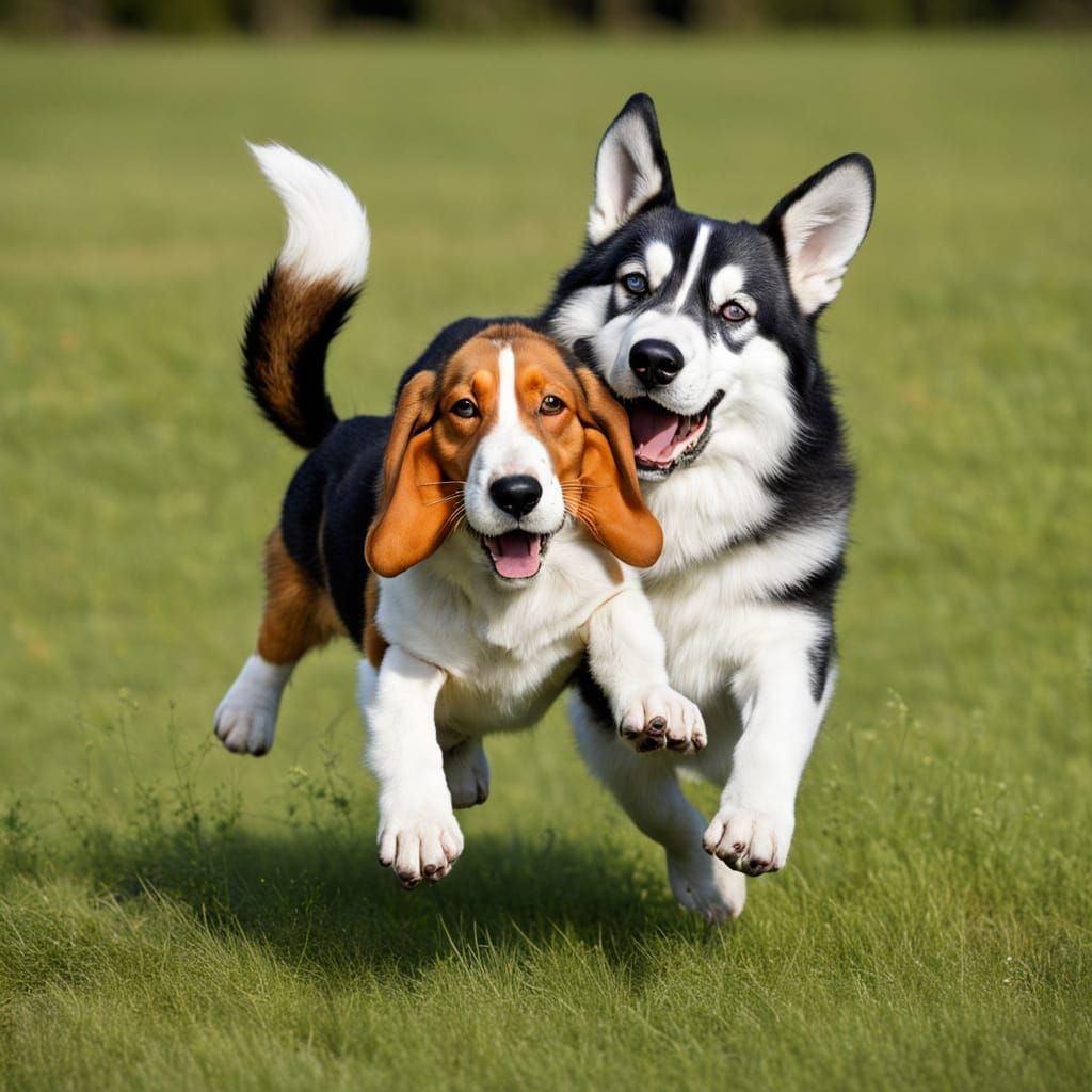 Cartoony Basset Hound Plays with Fox and Husky