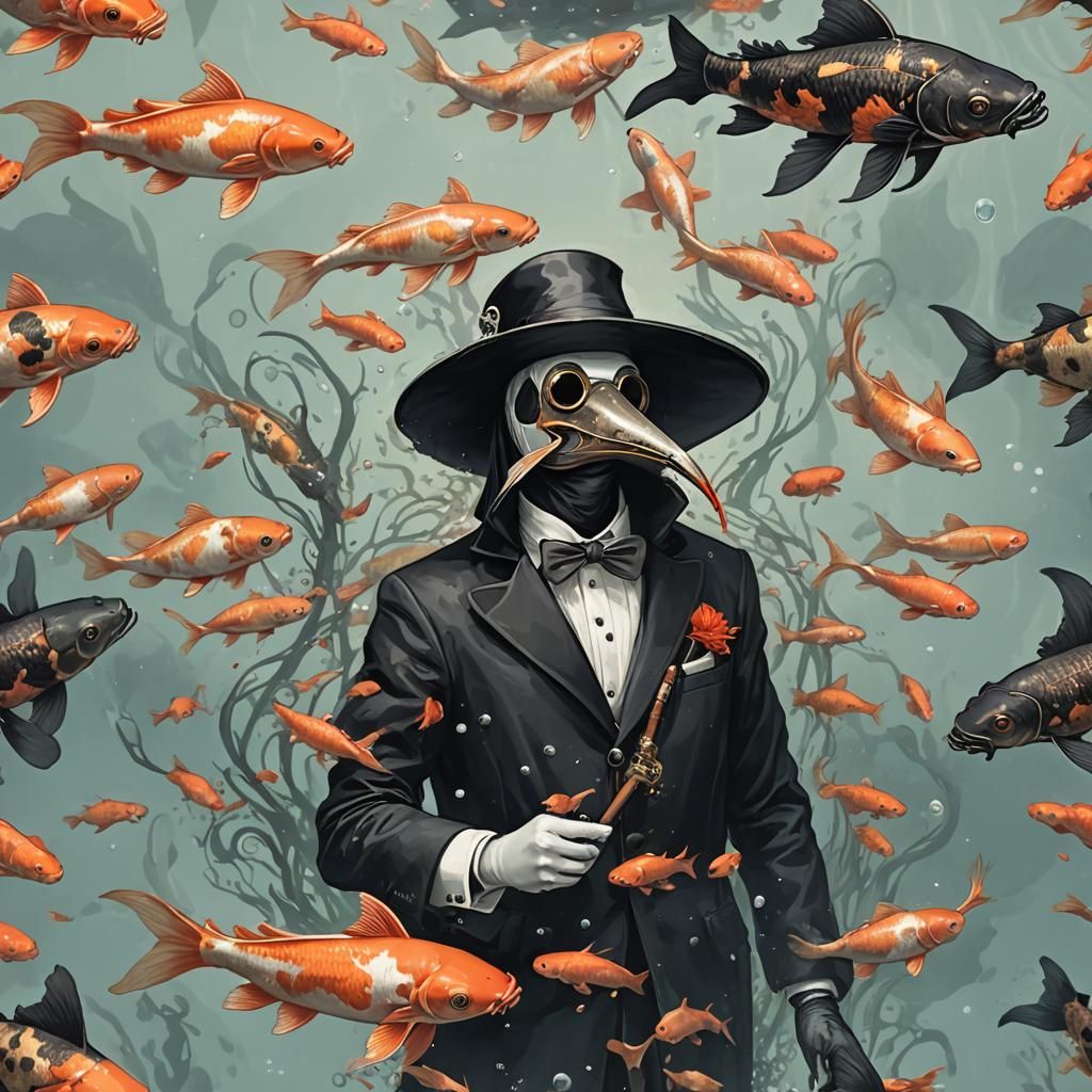 Underwater Koi Fish Plague Doctor: Surreal Art