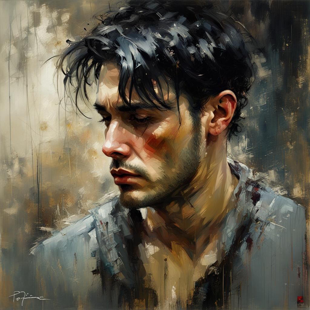 Sorrowful Man Portrait in Oil on Canvas