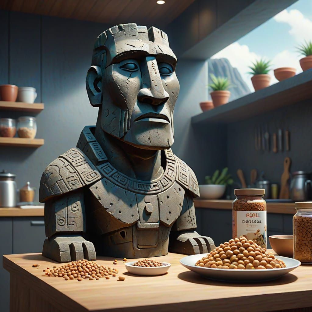 Moai Statue Dispensing Pet Food in Modern Kitchen