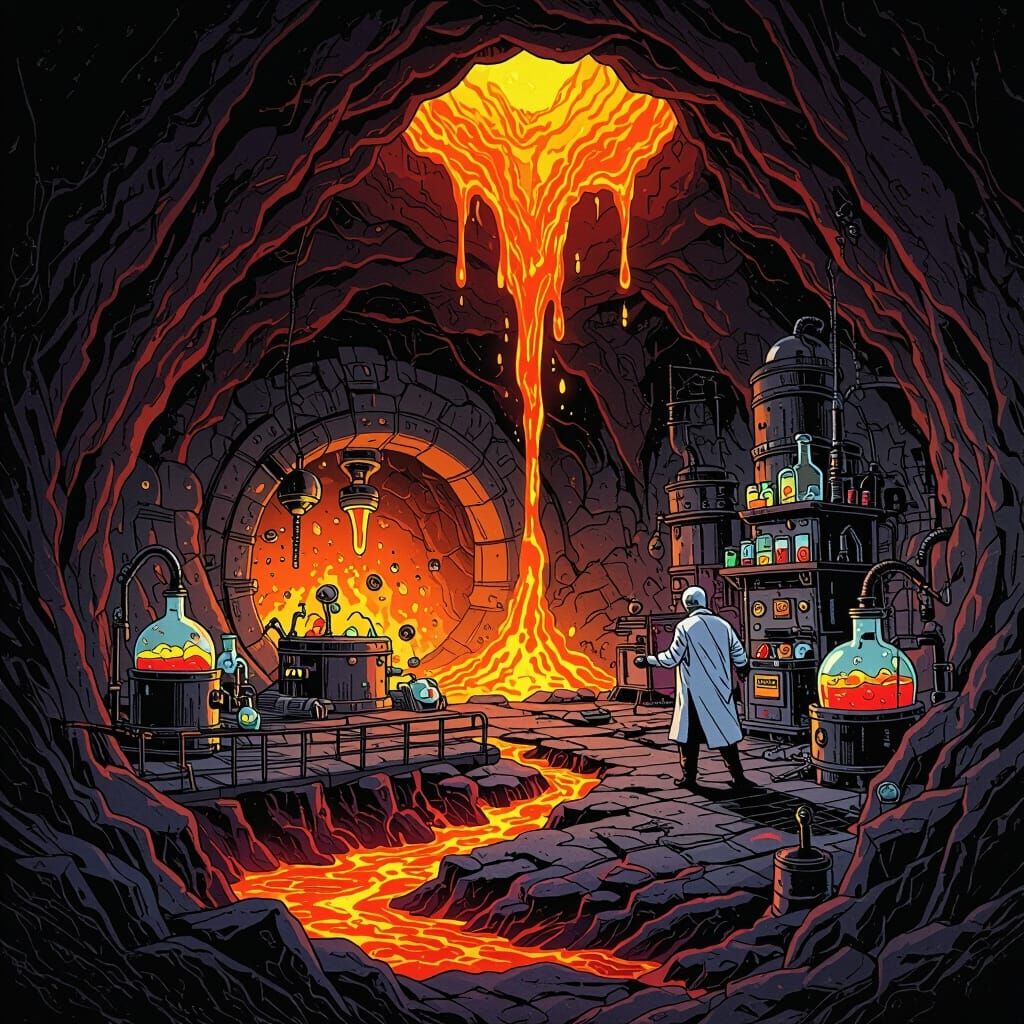 Mad Scientist's Volcanic Lair in Dark Fantasy Style