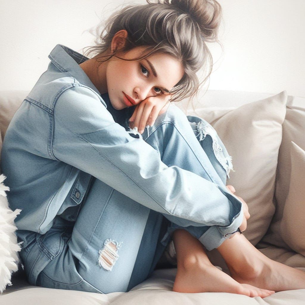 Young Woman in Denim, Soft Watercolor Portrait