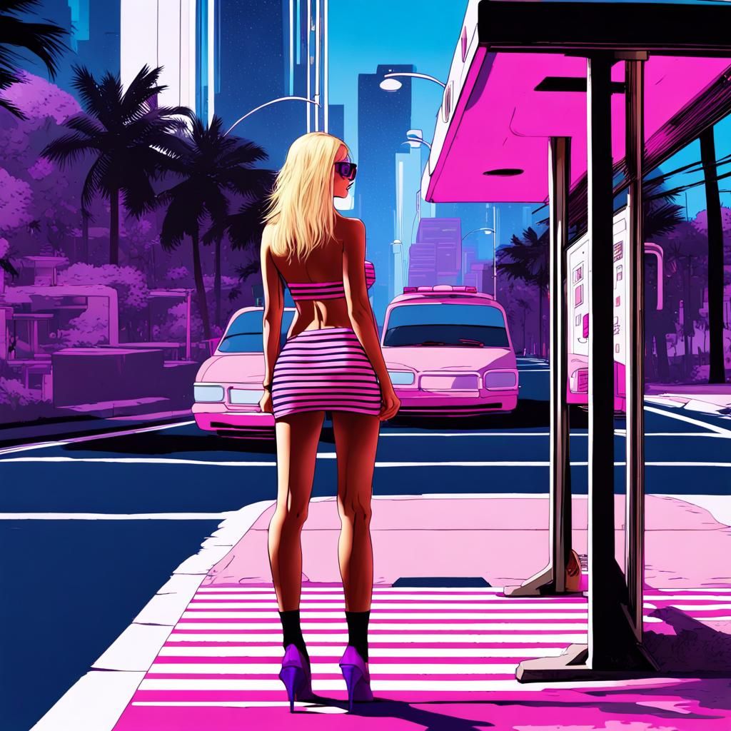 Hourglass Figure at Bus Stop: Matte Painting