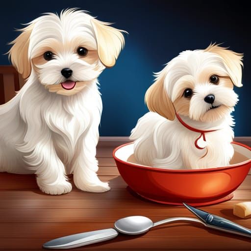 Maltese Puppies Gathered at Dinner Table