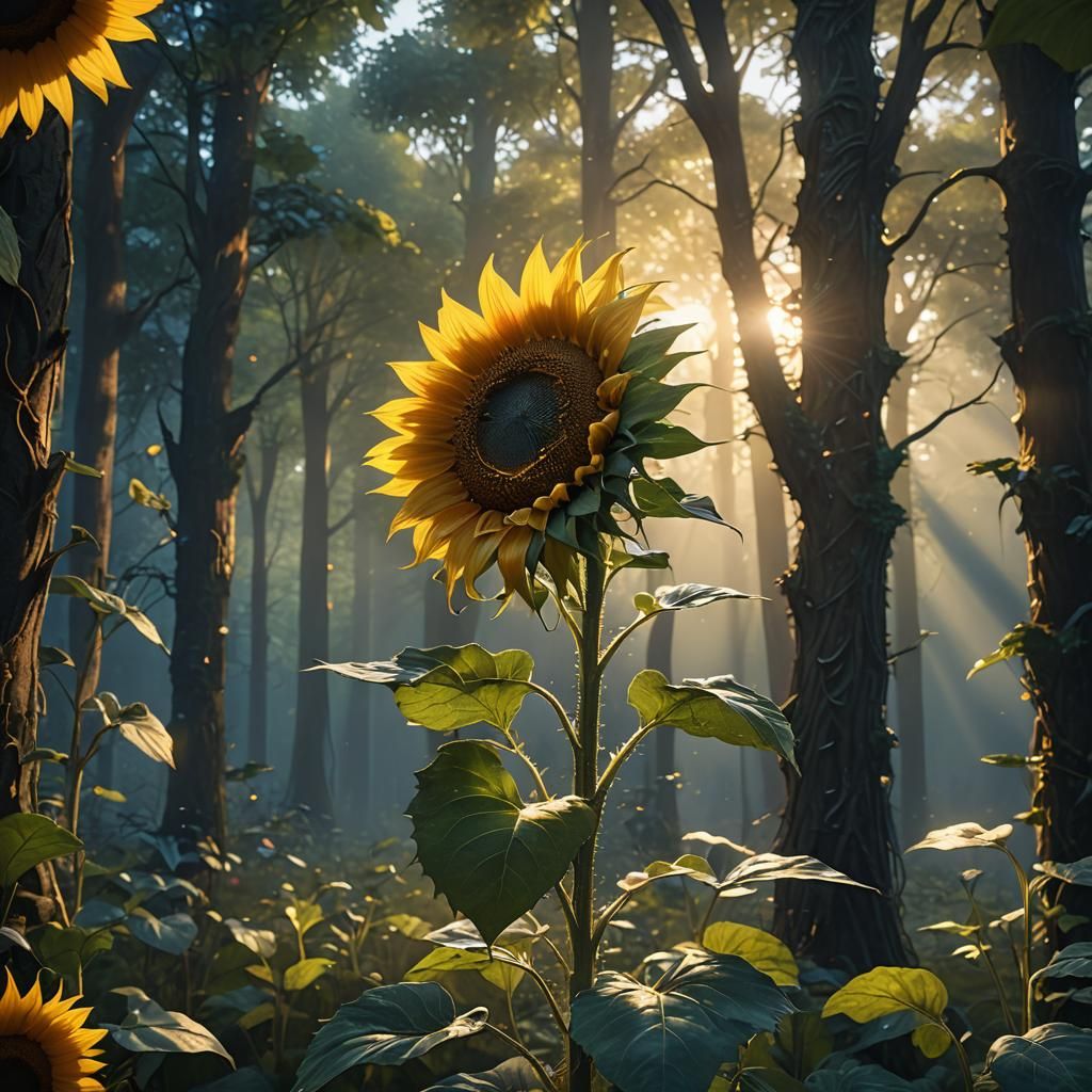 Mystical Sunflower in Glowing Forest: Digital Matte Painting