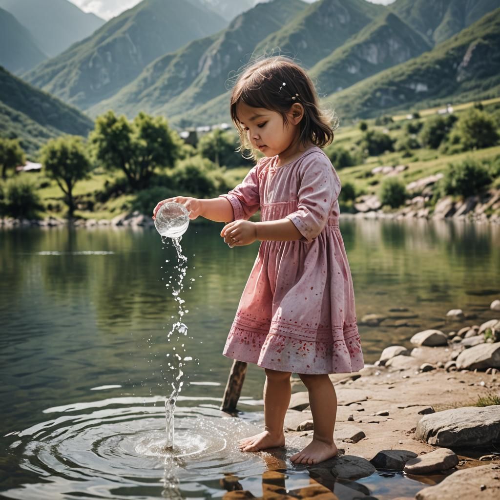 Girl Playing in Stream with Mountain View