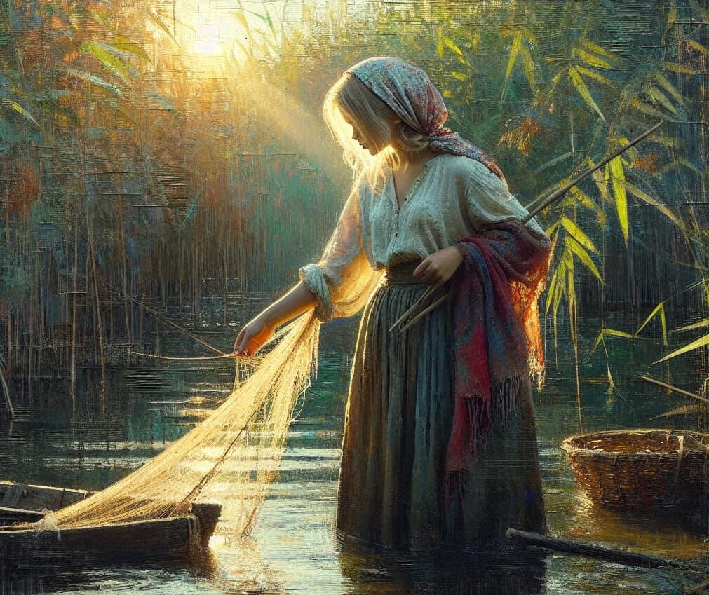 Girl Fishing at Sunset as Oil Painting