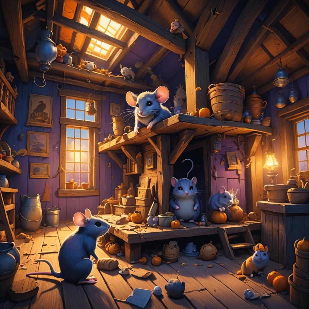 Mouse and Cat Attic Encounter: Whimsical Fantasy Art