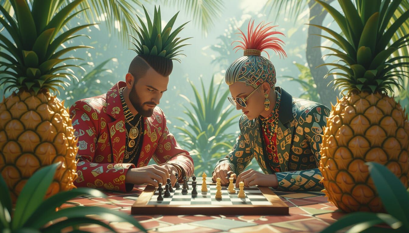 Patric and Spangop Play Checkers in Pineapple, 3D Render