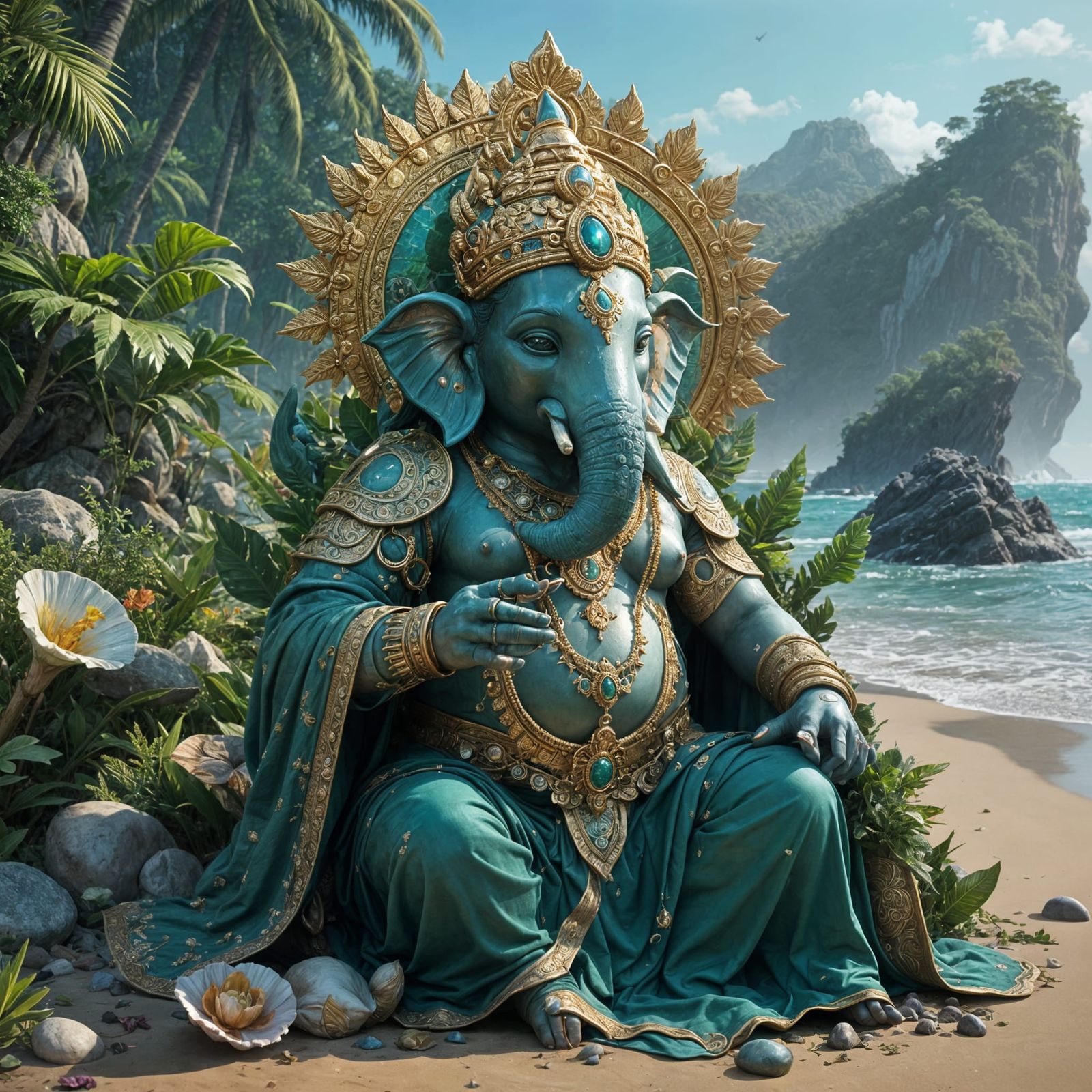 Serenely Adorned Ganesha Beside Sapphire Ocean