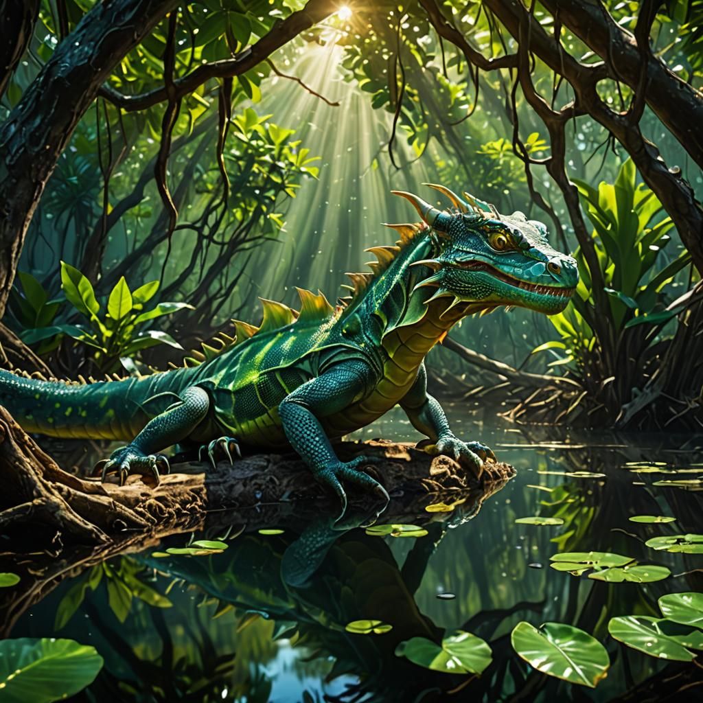 Water Dragon Gliding Through Mangrove Roots