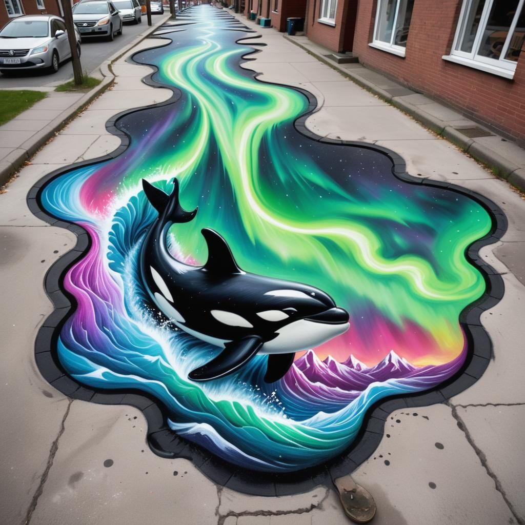 Northern Lights Orca in 3D Chalk Art