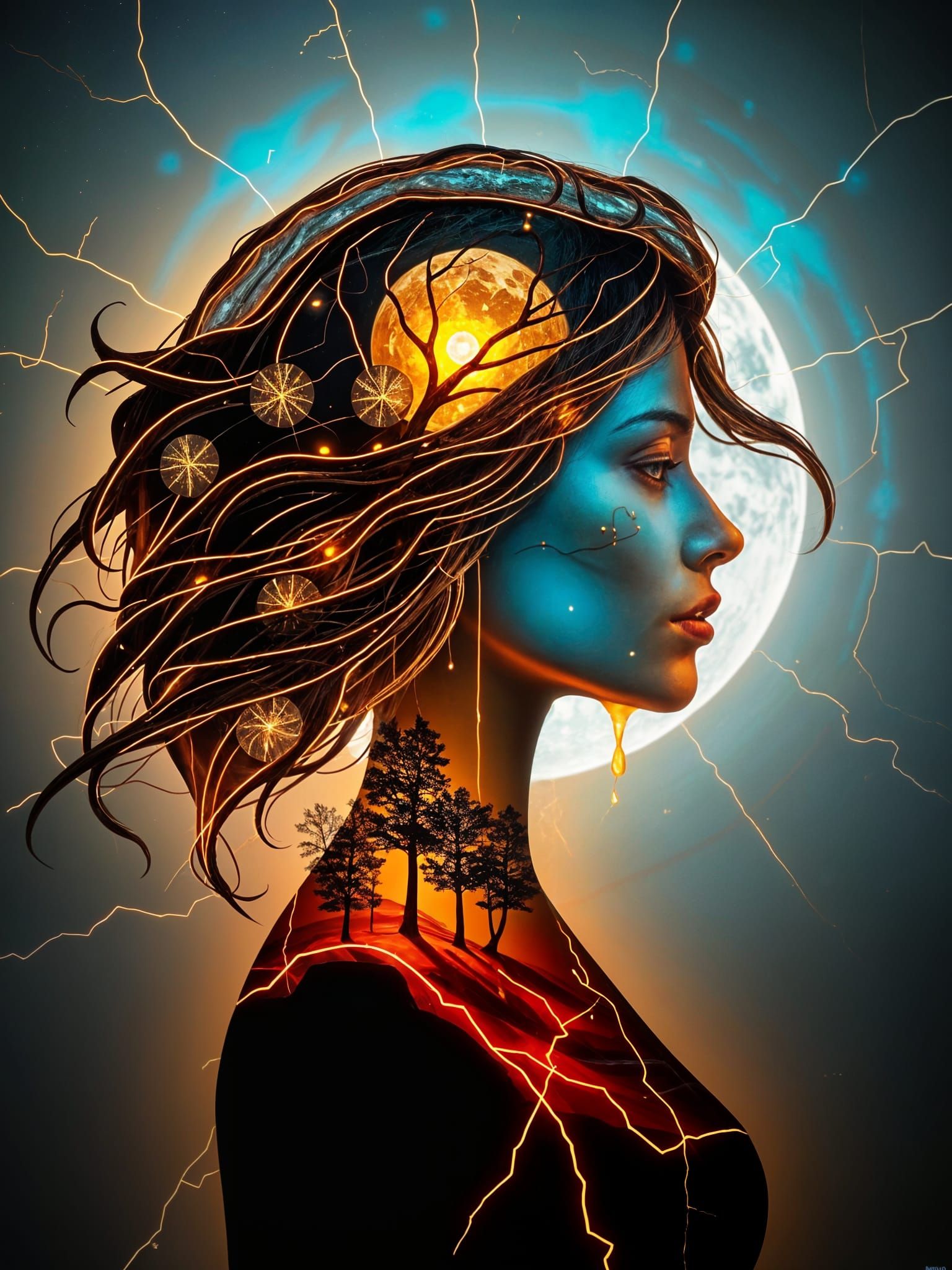 Kintsugi Figure with Plasma Trails in Oil Paint Texture